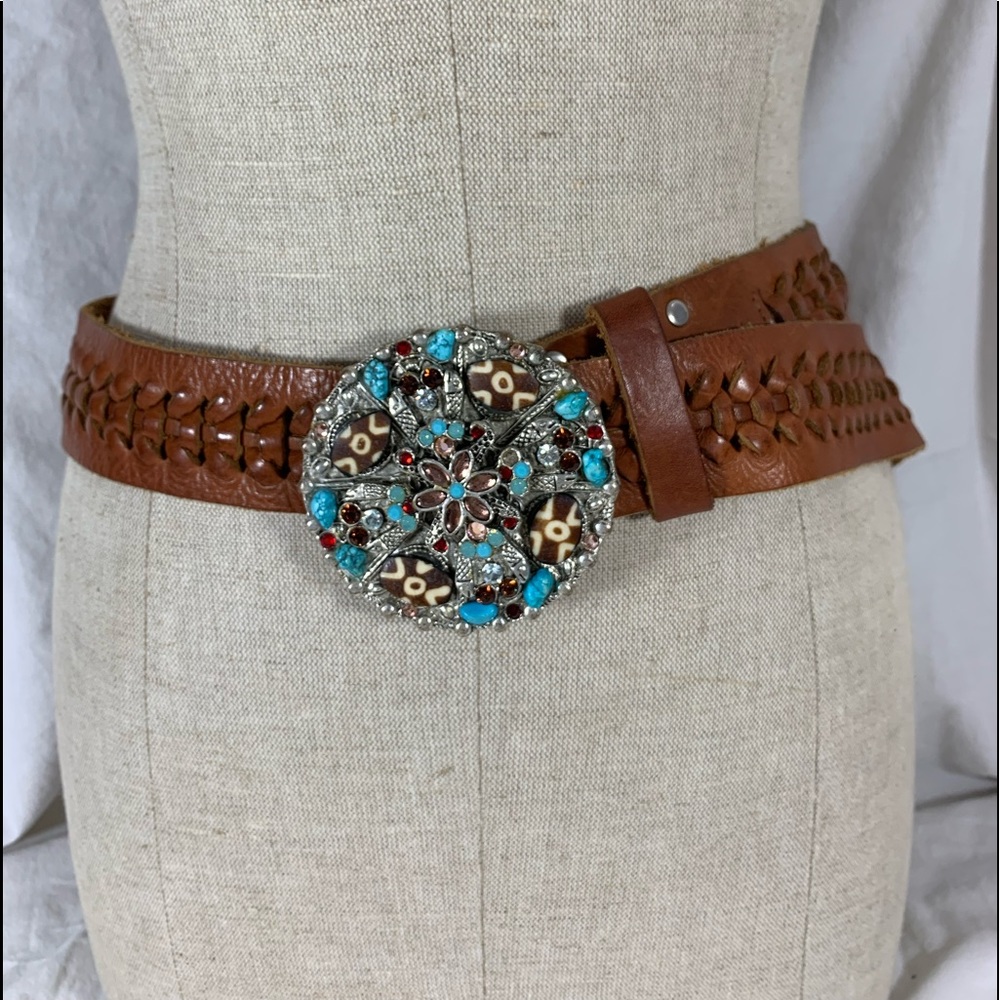 Vintage LEATHEROCKS USA jeweled turquoise woven leather belt 34 medium